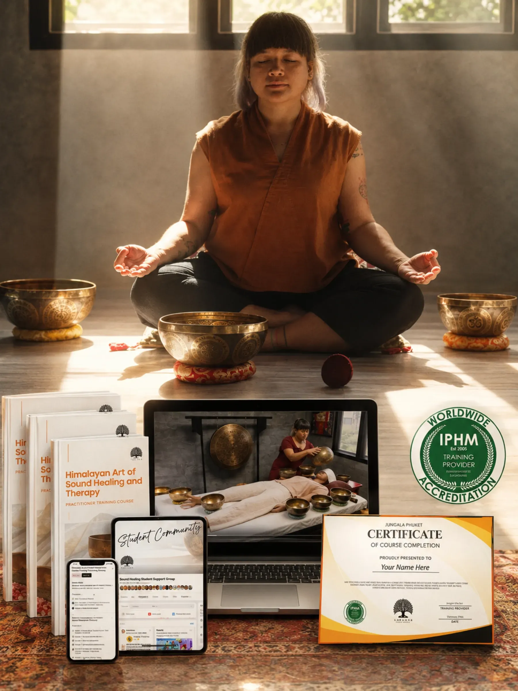 Jungala Phuket's online practitioner training: course books, video lessons, student community, and certificate.